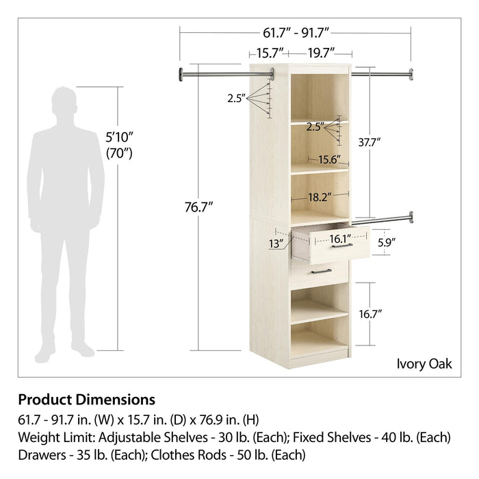 Giga Kelly ivory wardrobe with 5 shelves, 2 drawers, and 3 adjustable hanging rods for organized closet storage.