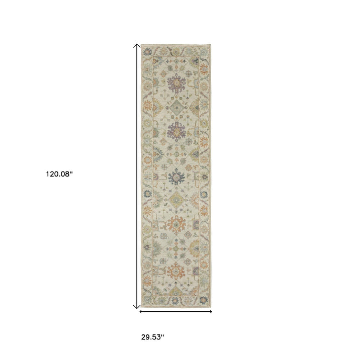 10' Wool Oriental Hand Knotted Runner Rug With Fringe - Beige And Green