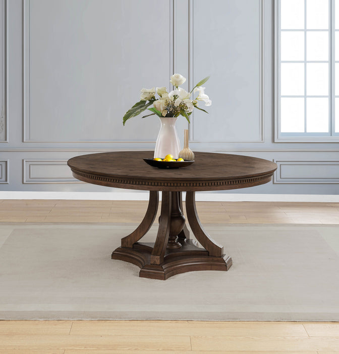 Dark oak Ridgewell round pedestal dining table by CoasterEveryday, showcasing smooth wood surface and sturdy pedestal base.