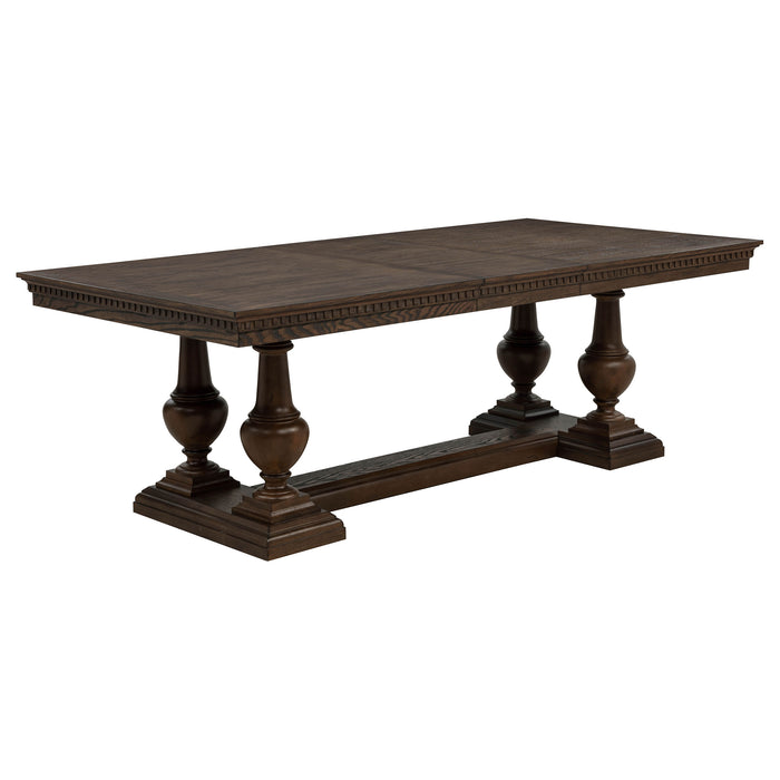 Dark oak Ridgewell rectangular trestle dining table by CoasterEveryday with sturdy wooden legs and spacious surface.