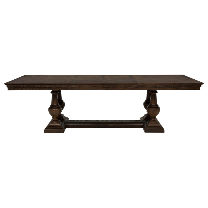 Dark oak Ridgewell rectangular trestle dining table by CoasterEveryday, showcasing sturdy wood construction and a sleek design.