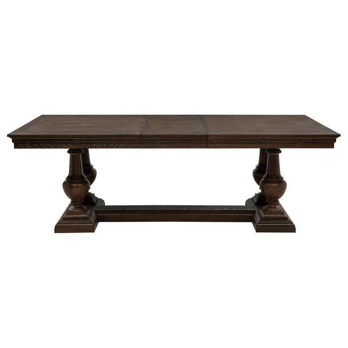 CoasterEveryday Ridgewell rectangular trestle dining table in dark oak wood with sturdy legs and spacious tabletop.