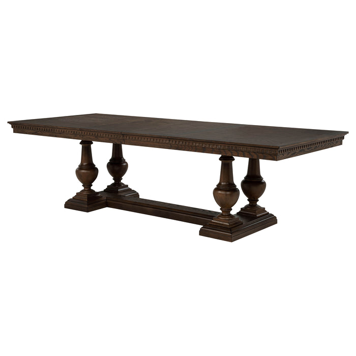 Dark oak Ridgewell rectangular trestle dining table by CoasterEveryday with sturdy wooden legs and smooth tabletop surface.
