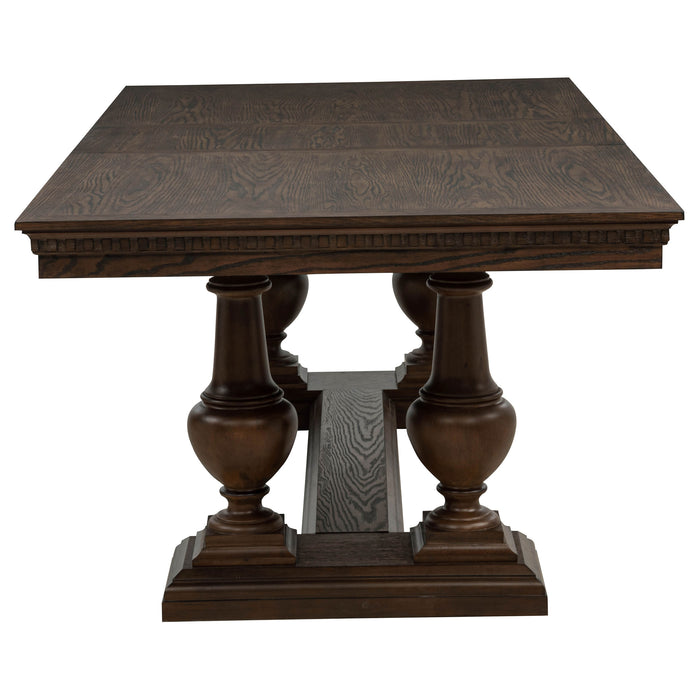 Dark oak Ridgewell rectangular trestle dining table by CoasterEveryday, showing sturdy wooden tabletop and trestle legs.