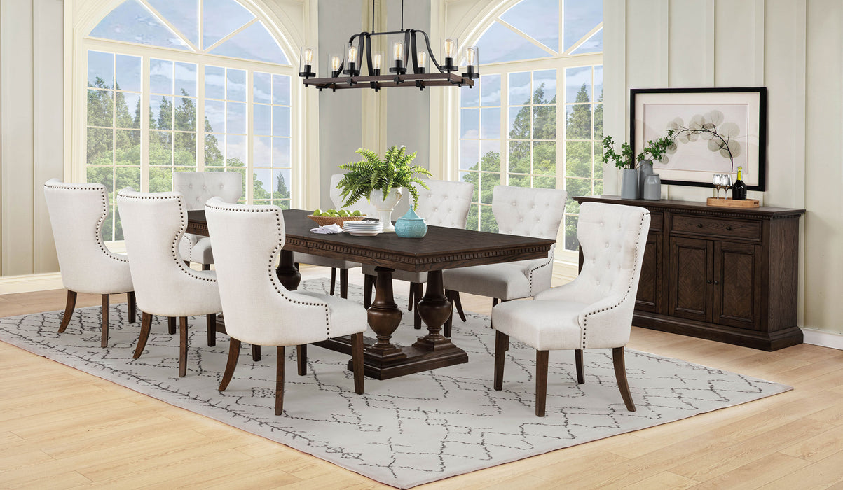 Dark oak Ridgewell rectangular trestle dining table by CoasterEveryday featuring a sturdy wooden frame and spacious surface.