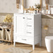 Modern Giga bathroom vanity with sink, solid wood frame, soft-closing door, and three drawers for stylish bathroom storage.