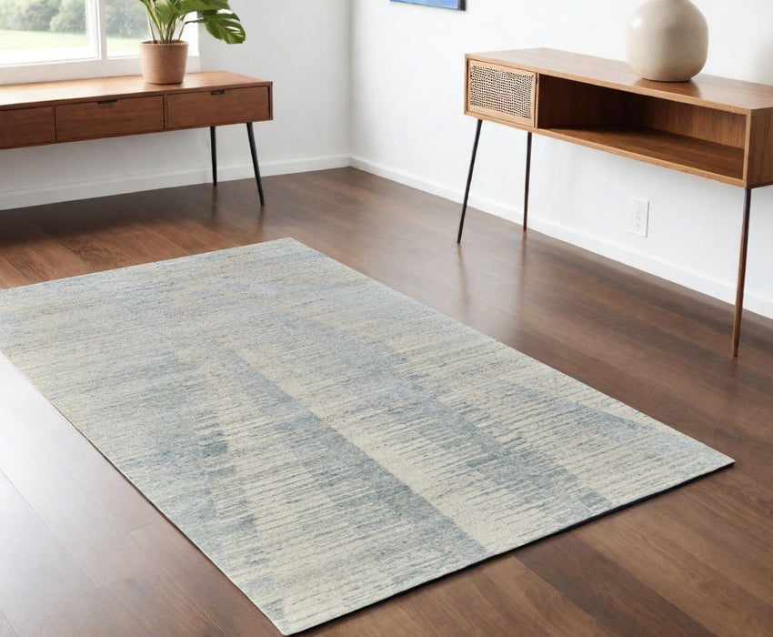 4' x 6' Abstract Hand Knotted Worn Faded Area Rug - Ivory And Blue