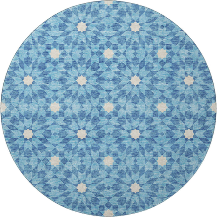 8' Geometric Washable Round Rug With UV Protection - Denim Blue / Ivory