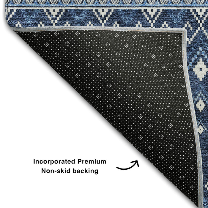 10' X 14' Tribal Washable Area Rug With UV Protection (657125) - Navy Blue / Ivory