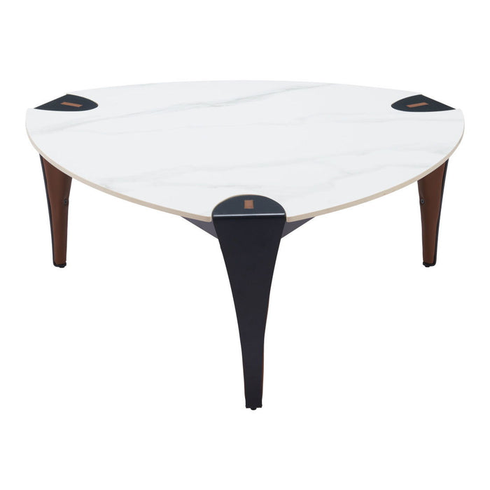 36" Sinte Stone Faux Leather And Steel Triangle Coffee Table - White And Black