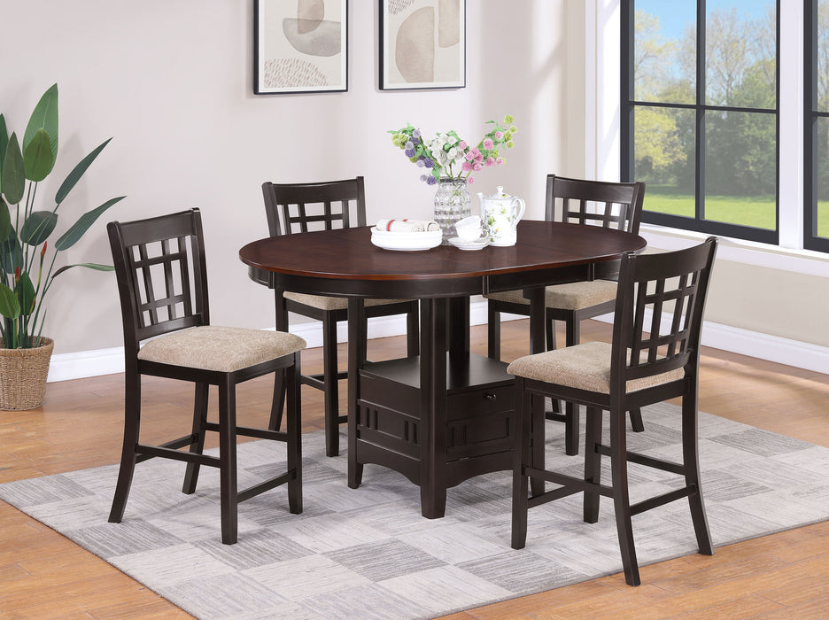 CoasterEveryday Lavon 5-piece oval counter height extension dining set in light chestnut with matching chairs and table.