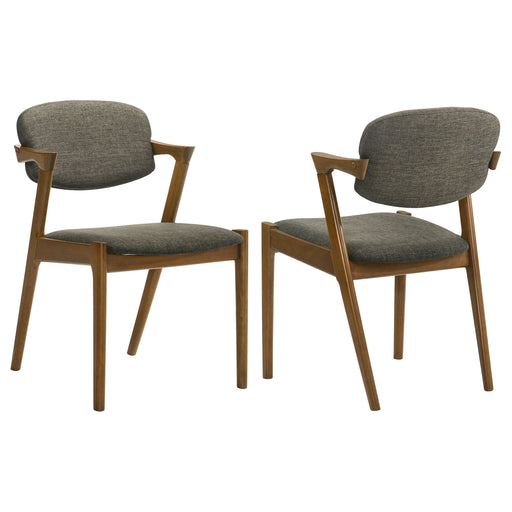 Set of two CoasterEssence Malone padded wood dining arm chairs with dark walnut finish and cushioned seats.