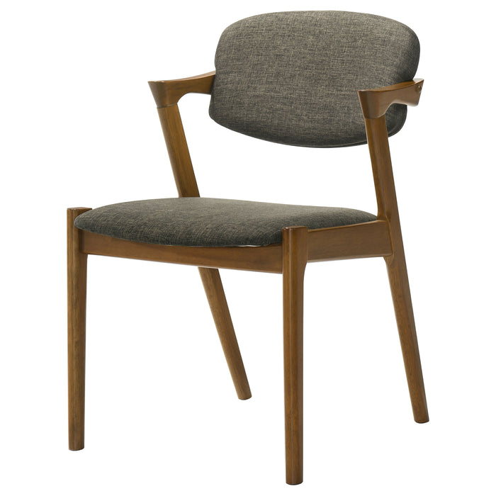 Pair of CoasterEssence Malone padded wood dining arm chairs in dark walnut finish, featuring upholstered seats and curved armrests.
