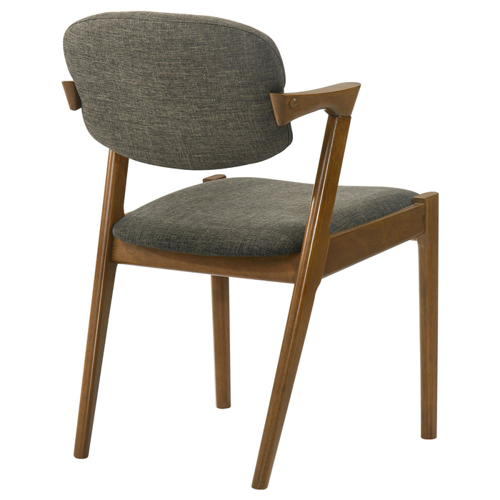 Pair of Malone padded wood dining arm chairs by CoasterEssence in dark walnut finish, featuring cushioned seats and armrests.