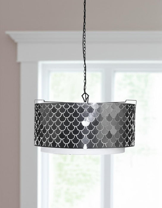 Drum Metal Dimmable Chandelier With Black Shades - Charcoal / Black / White