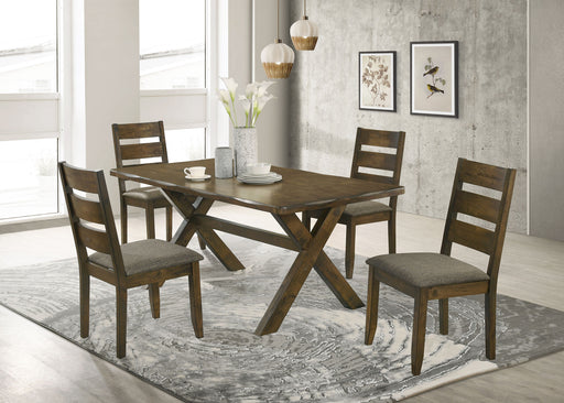 CoasterEveryday Alston 5-piece rectangular dining table set with knotty nutmeg finish, featuring wooden table and matching chairs.