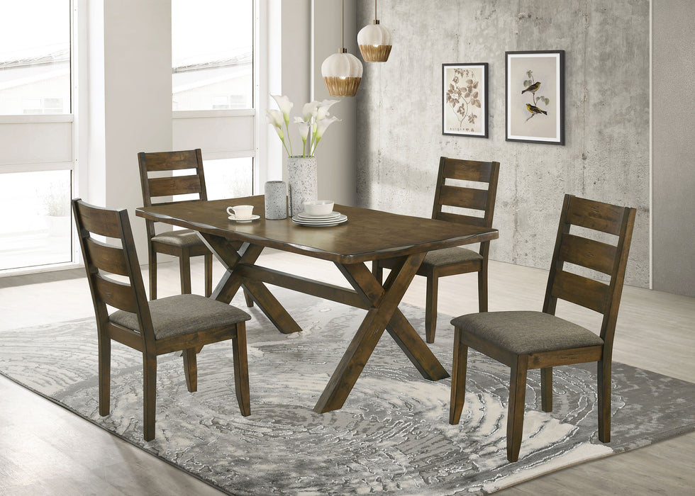 CoasterEveryday Alston 5-piece rectangular dining table set with knotty nutmeg finish, featuring wooden table and matching chairs.