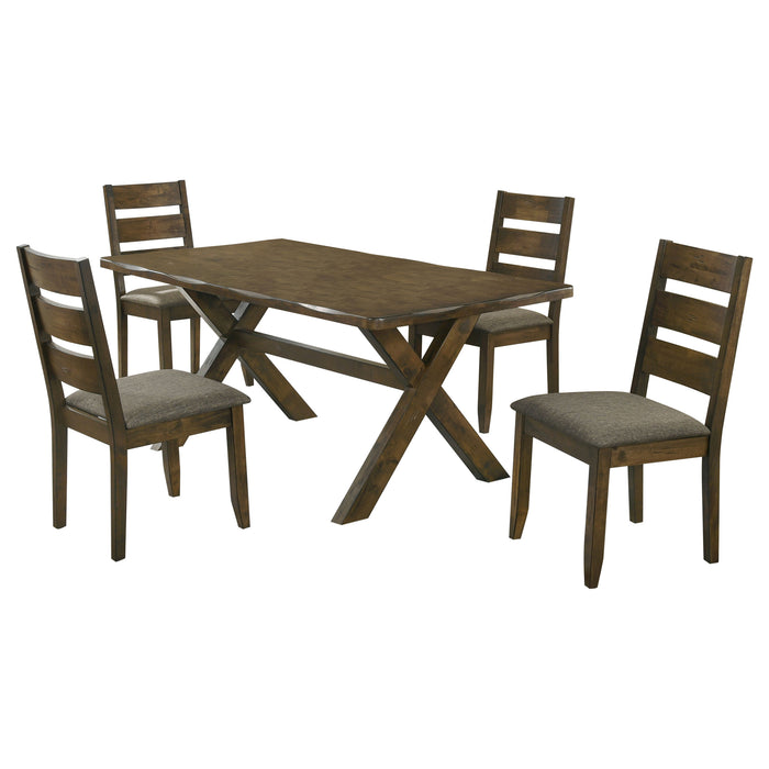 CoasterEveryday Alston 5-piece rectangular dining table set with knotty nutmeg finish, including table and matching chairs.