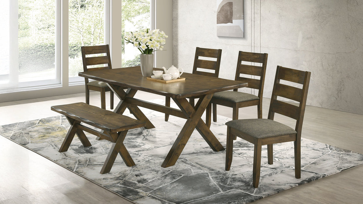 CoasterEveryday Alston 6-piece rectangular dining table set in knotty nutmeg wood with matching chairs and sturdy legs.