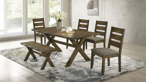 CoasterEveryday Alston 6-piece rectangular dining table set in knotty nutmeg wood with matching chairs and sturdy legs.