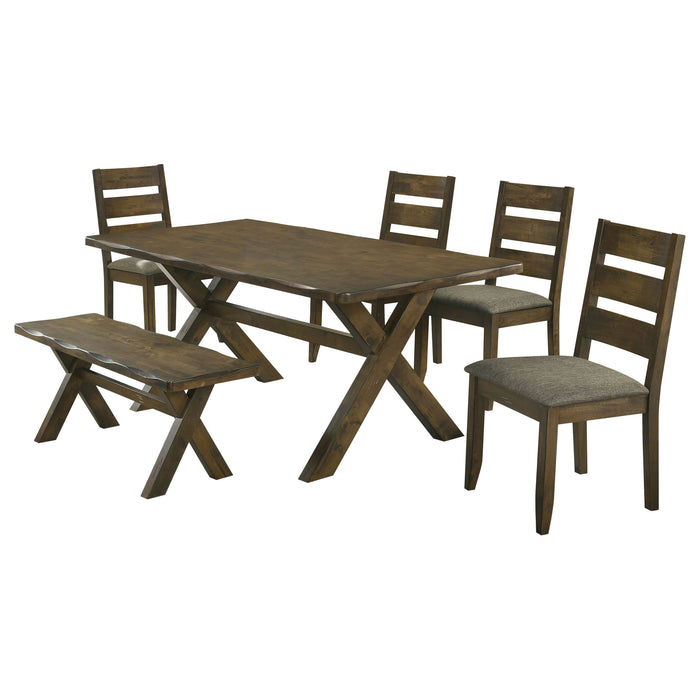 CoasterEveryday Alston 6-piece rectangular dining table set with knotty nutmeg finish, showcasing sturdy wood construction and stylish design.