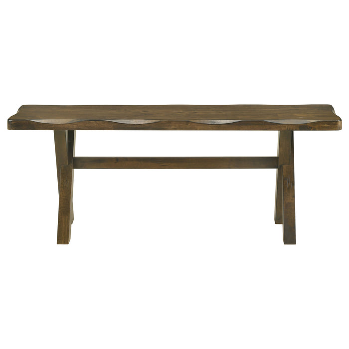 CoasterEveryday Alston 6-piece rectangular dining table set in knotty nutmeg wood, featuring sturdy legs and smooth tabletop surface.