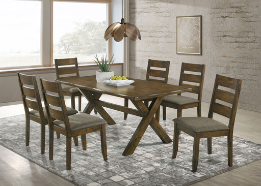 CoasterEveryday Alston 7-piece rectangular dining table set in knotty nutmeg wood with matching chairs and table extension