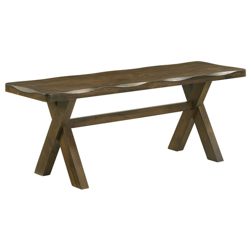 CoasterEveryday Alston 47-inch solid wood dining bench in knotty nutmeg finish with a sturdy, natural wood design.
