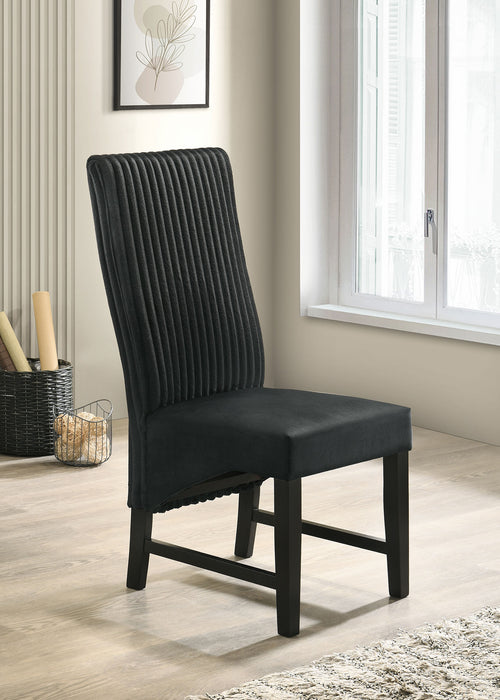 Pair of Barrand channel-back upholstered dining side chairs in black with wooden legs, perfect for modern dining rooms.