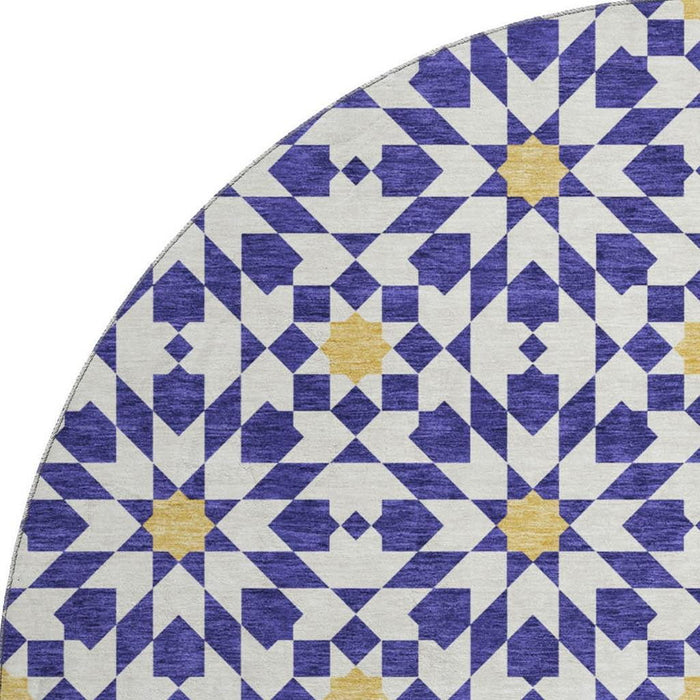 8' Geometric Washable Round Rug With UV Protection - Navy Blue