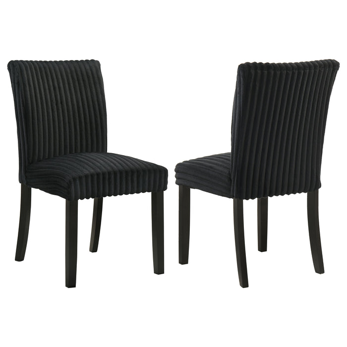 Set of two Dermott black upholstered Parson dining side chairs with sleek, padded seats and straight legs, designed for modern dining rooms.
