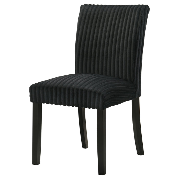 Two black Dermott upholstered Parson dining side chairs with sleek design and padded seats, ideal for modern dining rooms.