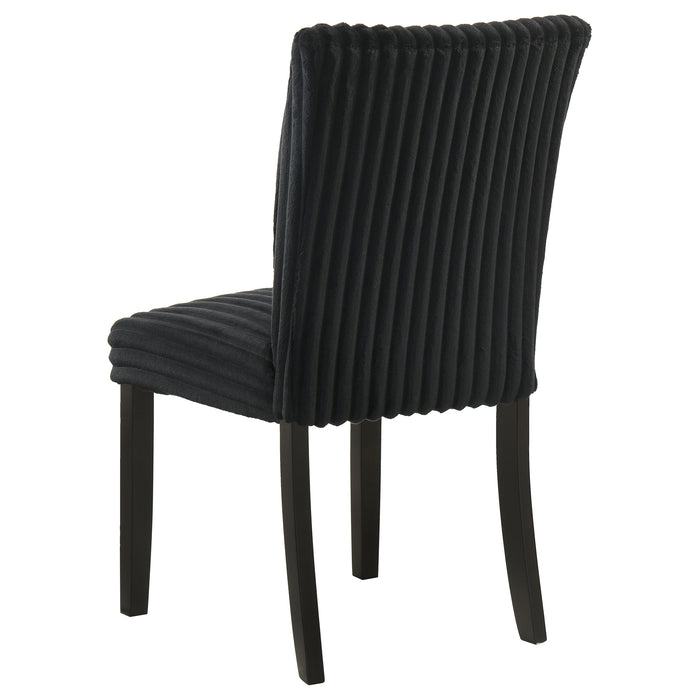 Set of two black Dermott upholstered Parson dining side chairs by CoasterEveryday, showcasing sleek, padded seats and tall backrests.