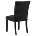 Set of two black Dermott upholstered Parson dining side chairs by CoasterEveryday, showcasing sleek, padded seats and tall backrests.