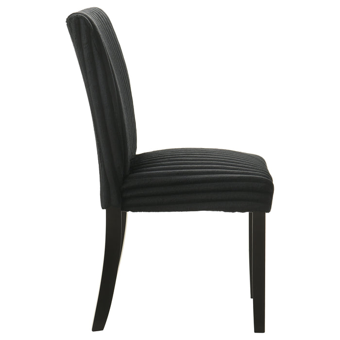 Pair of black upholstered Parson dining side chairs with wooden legs, designed for comfortable seating in modern dining rooms.