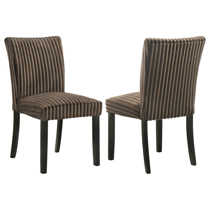 Set of two CoasterEveryday Dermott upholstered parson dining side chairs in chocolate fabric, with padded seats and high backs.