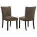 Set of two CoasterEveryday Dermott upholstered parson dining side chairs in chocolate fabric, with padded seats and high backs.