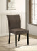 Two CoasterEveryday Dermott upholstered Parson dining side chairs in chocolate fabric, showing their tufted backs and wooden legs.