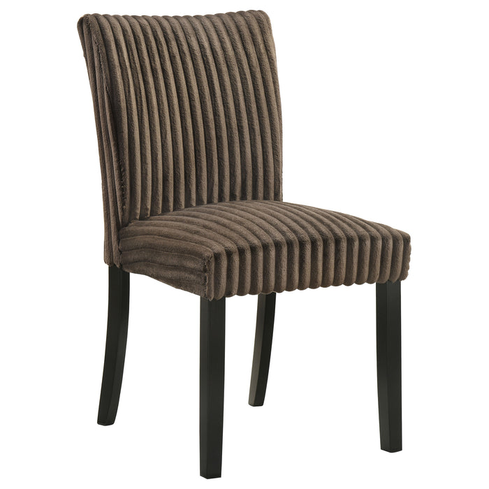 Set of two CoasterEveryday Dermott upholstered Parson dining side chairs in chocolate fabric, with wooden legs and padded seats.