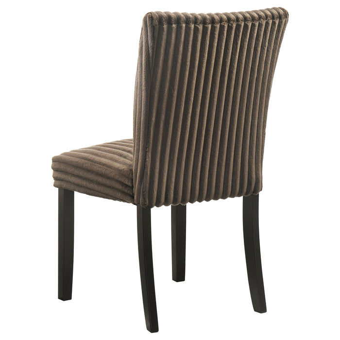 Set of two Dermott upholstered Parson dining side chairs in chocolate fabric from CoasterEveryday, featuring a sleek, modern design.