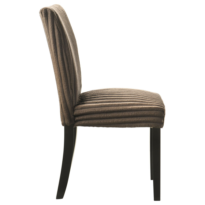 Set of two CoasterEveryday Dermott upholstered Parson dining chairs in chocolate fabric, showcasing their padded back and seat design.