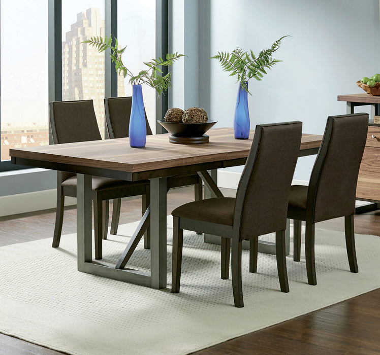 CoasterEssence Spring Creek 5-piece rectangular dining table set in chocolate wood finish with matching chairs and table.