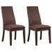 Set of two Spring Creek upholstered dining chairs in chocolate fabric by CoasterEssence, showcasing cushioned seats and wooden legs.