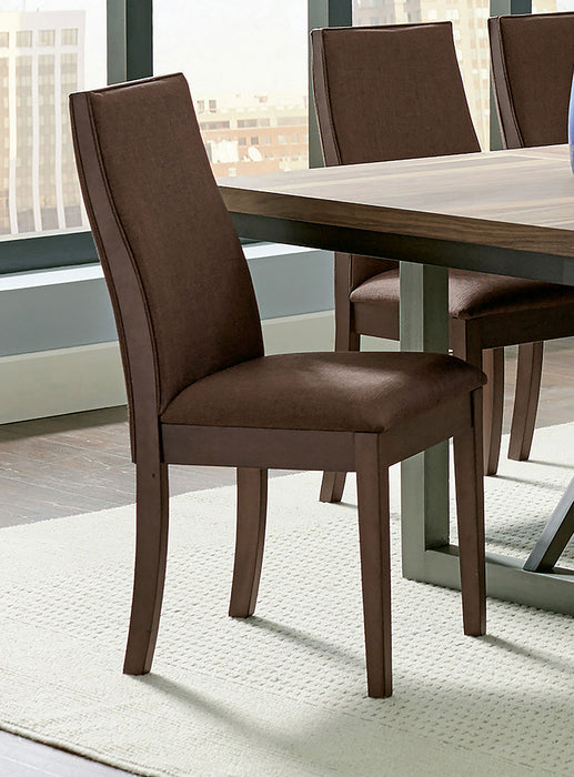 Set of two Spring Creek upholstered dining chairs in chocolate fabric by CoasterEssence, featuring cushioned seats and wooden legs.