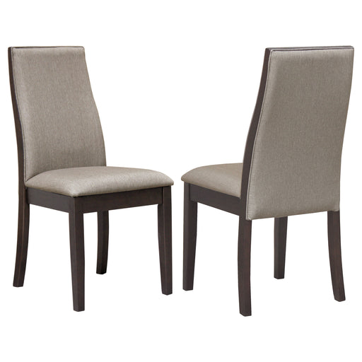 Pair of Taupe upholstered dining chairs from CoasterEssence with wooden legs and cushioned seats for comfortable dining room seating.