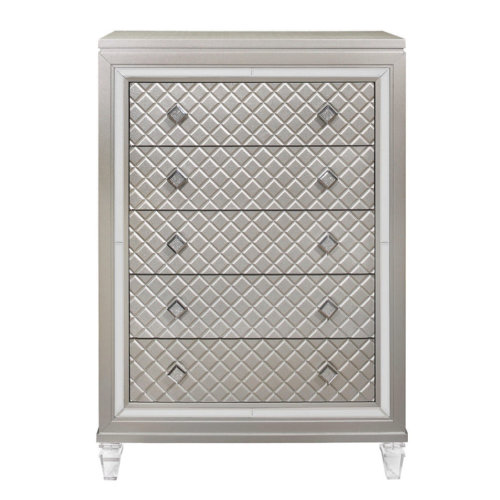 Champagne accent chest with tapered acrylic legs and five drawers, stylish home storage by HomeRoots.