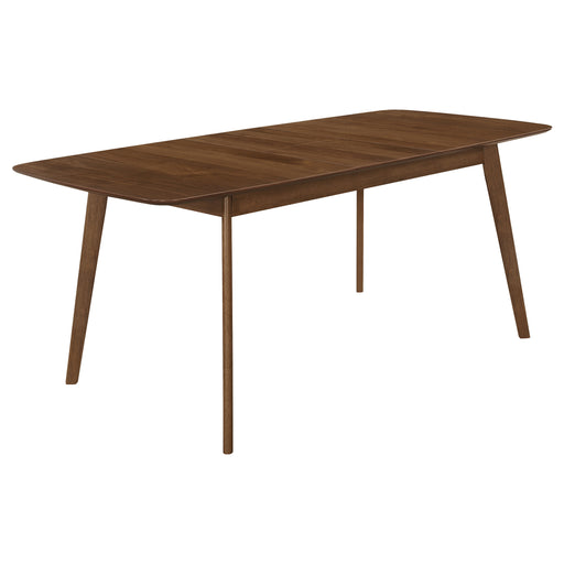 Redbridge 75-inch extension leaf dining table in natural walnut wood, showcasing a sleek and sturdy furniture piece with a modern design.