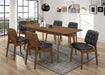 Set of two Redbridge Faux Leather Dining Side Chairs by CoasterEssence with walnut finish and padded red leather seats.