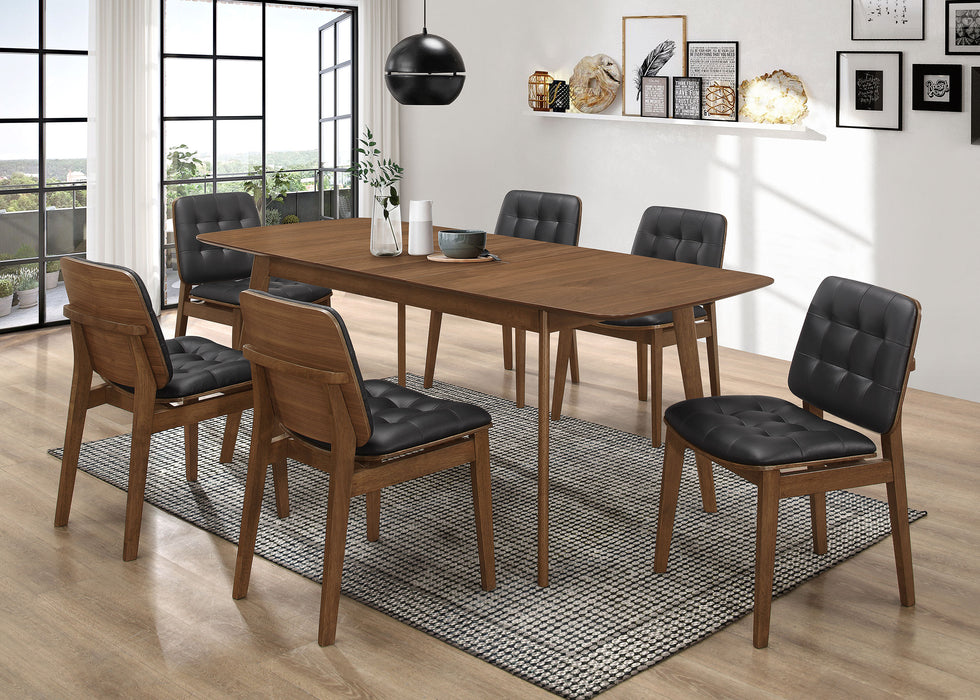Set of two Redbridge Faux Leather Dining Side Chairs by CoasterEssence with walnut finish and padded red leather seats.