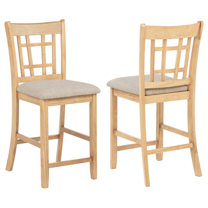 Set of two Lavon wood counter height dining chairs by CoasterEveryday, featuring linen upholstery and light oak finish.